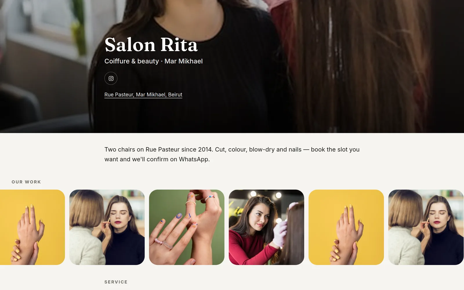 The website — A real page at a real address — book-my-spot.com/salonrita is this one, live.