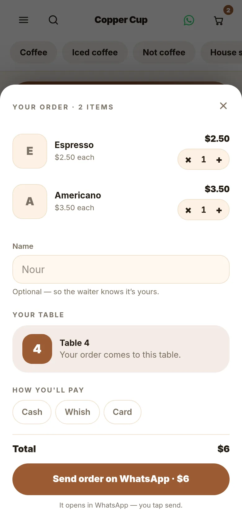 A guest's phone: their order for Table 4, an espresso and an americano, $6.