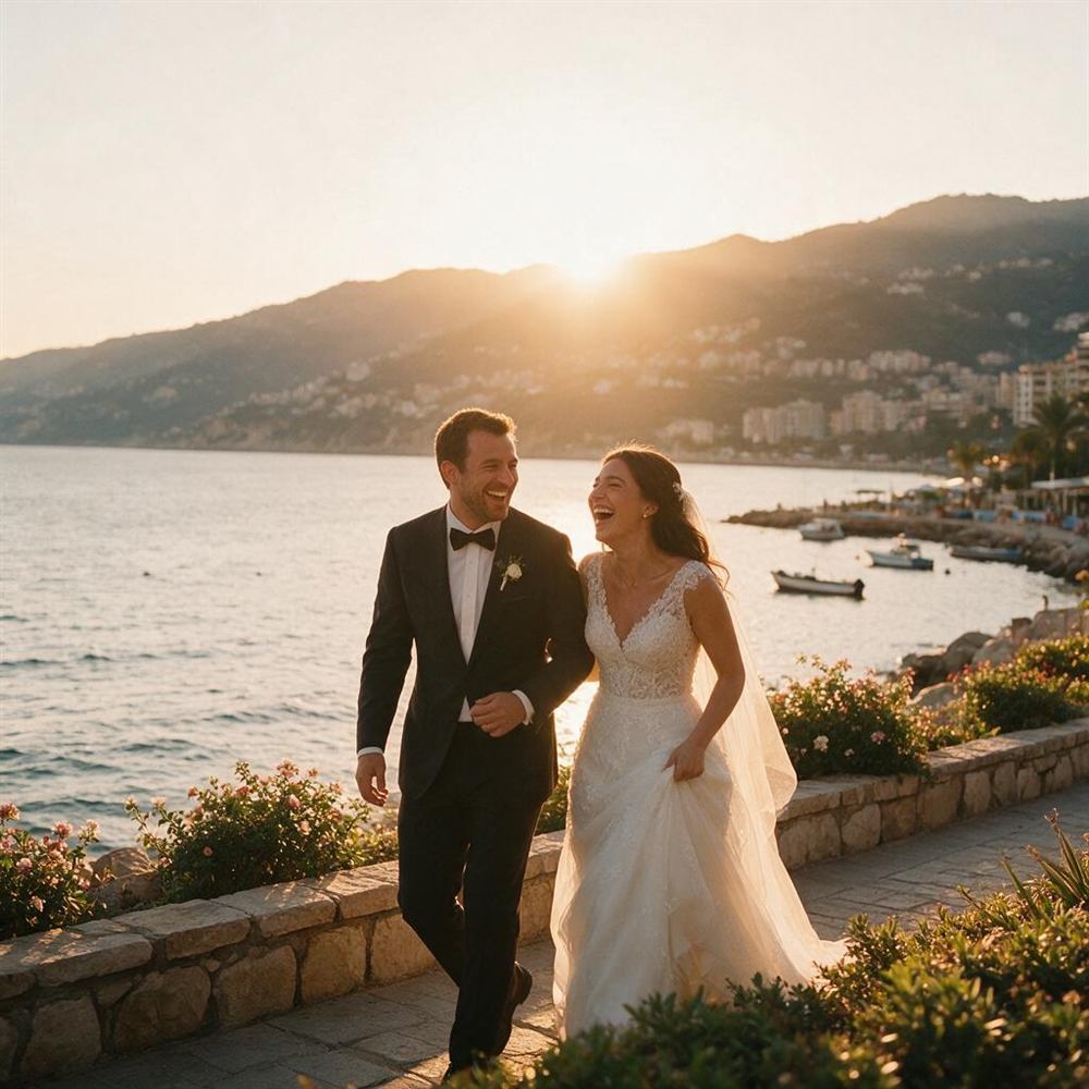 Golden-hour couple portrait, Jounieh bay