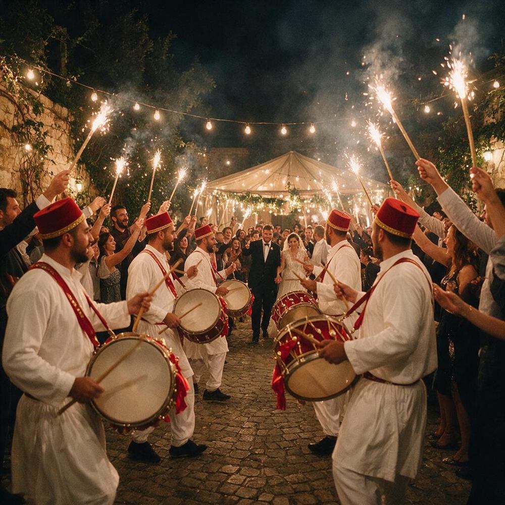 Zaffe entrance, drummers and sparklers